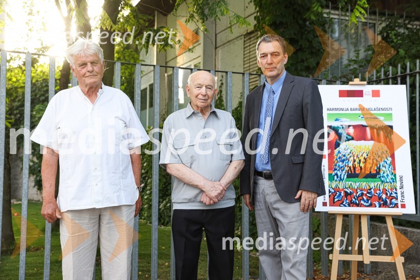  Aleksander  Bassin, muzejski svetnik;  Franc Novinc, umetnik;  Matija Šenk, član uprave, GeneraliFranc Novinc, razstava Harmonija barvne uglašenosti, Generali galerija