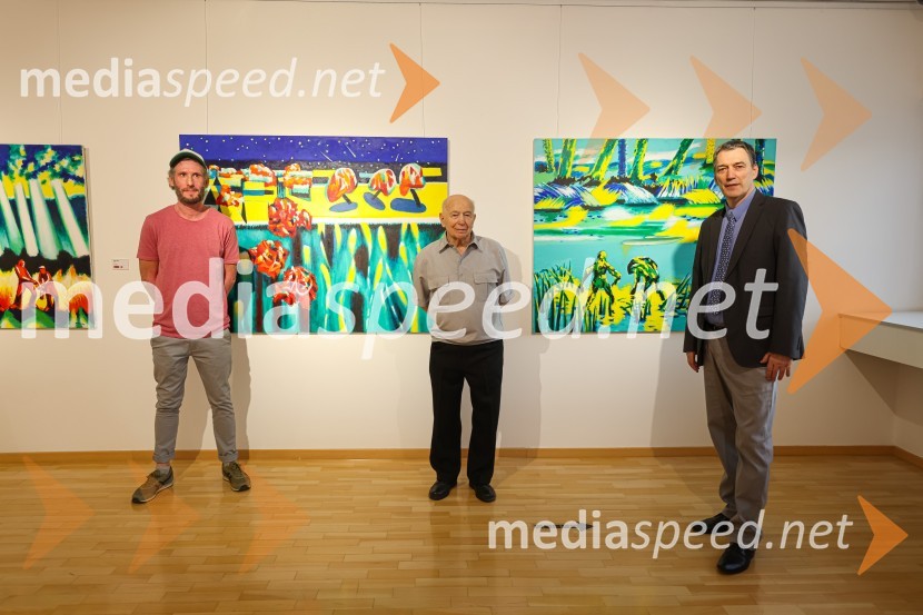  Uroš Weinberger, umetnik;  Franc Novinc, umetnik;  Matija Šenk, član uprave, GeneraliFranc Novinc, razstava Harmonija barvne uglašenosti, Generali galerija