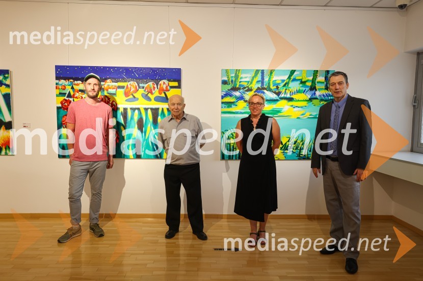  Uroš Weinberger, umetnik;  Franc Novinc, umetnik;  Monika Povšič, vodja oddelka za tržno komuniciranje in upravljanje s sponzorstvi, marketing Generali;  Matija Šenk, član uprave, GeneraliFranc Novinc, razstava Harmonija barvne uglašenosti, Generali galerija