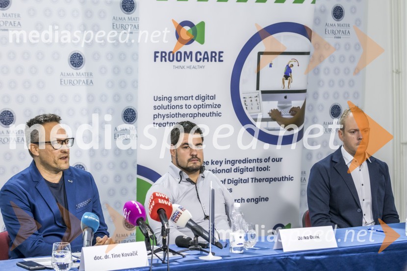 doc. dr. Tine Kovačič,  predsednik Združenja fizioterapevtov Slovenije;  Darko Đurić, slovenski paraolimpijec, plavalec;  Grega  Nahtigal Novinarska konferenca Alma Mater Europea, ob svetovnem dnevu fizioterapije